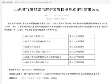 山西雷電防護裝置檢測資質評審結果公示,3家單位升甲級資質！